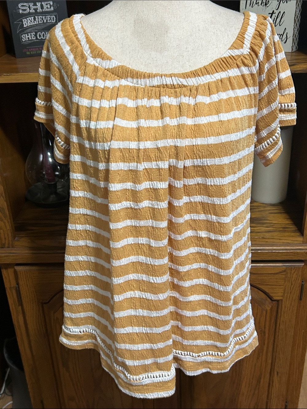 Maurices Mustard and White Striped Peasant Top Large